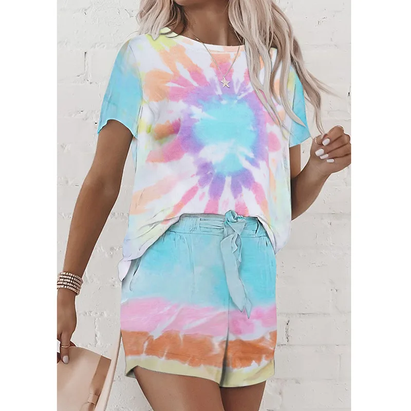 

2020 Summer Women's Dressing Gown Polyester 2 piece set women Leisure Suit Tie-Dye Print Short-Sleeve Pajamas