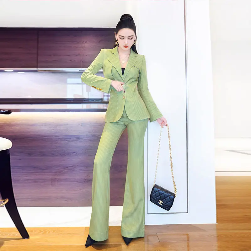 

Spring Autumn Women Office Suit Fashion 2 Piece Sets Long Sleeve Button Blazer Jacket + Flare Long Pants Female Outfits H322
