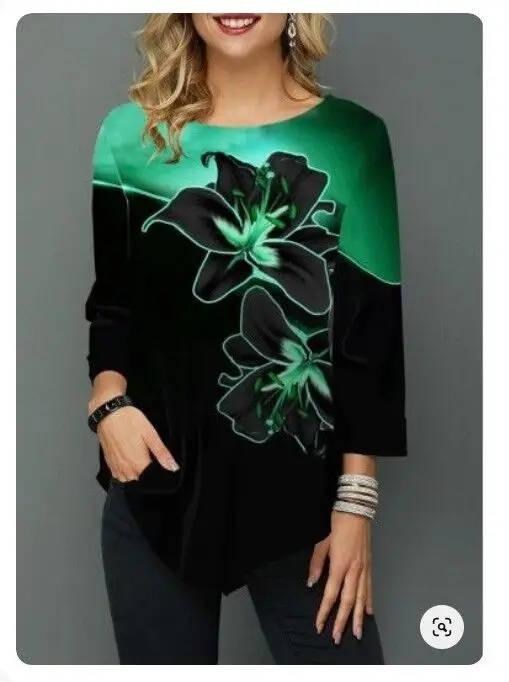 

Fashion Irregular Hem Floral Print O-Neck Women's T-Shirt Tops 2020 Autumn Casual New Style Floral Printed Women Street Hipsters