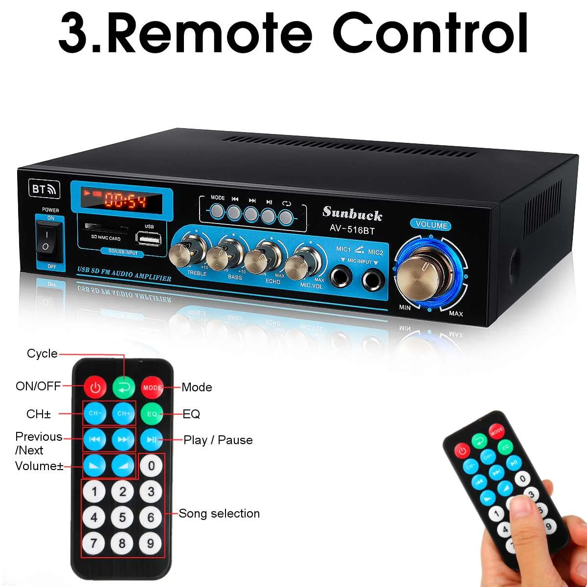 

SUNBUCK 2000W bluetooth 5.0 AC110V-240V 2.0 Channel bluetooth FM USB SD HiFi Stereo Digital Amplifier Audio Receiver Mixing Powe