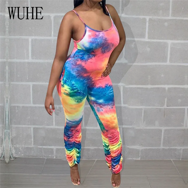 

KEXU Tie Dye Print Jumpsuits Spaghetti Strap Pleated Sleeveless Off Shoulder Package Hip Casual Streetwear Nightclub Overalls