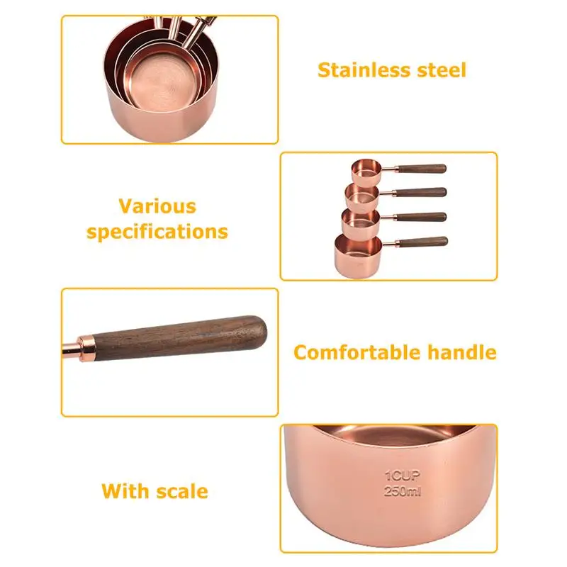 

Stainless Steel Measuring Cup Set Household Kitchen Dining Bar Baking Tools Walnut Wooden Handle Copper Spoon Durable