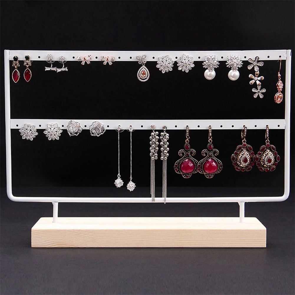 

44 Holes Packing Jewelry Eco Friendly Stand Wood Durable Double Layer Solid Display Rack Holder Organizer Easy Install