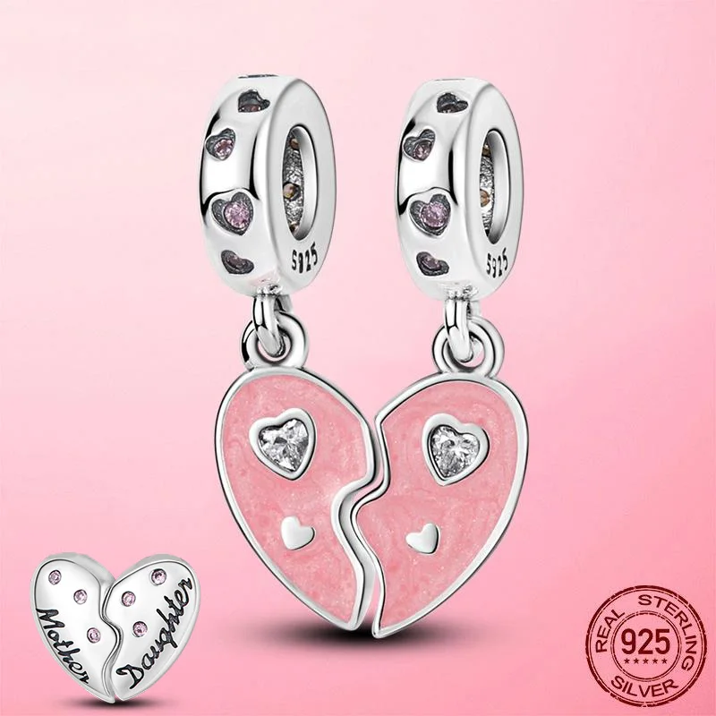 

925 Sterling Silver Pink Enamel Heart Engrave Dangle Charm Pendant fit Beads Pandora Bracelet Necklace Original Women Jewelry