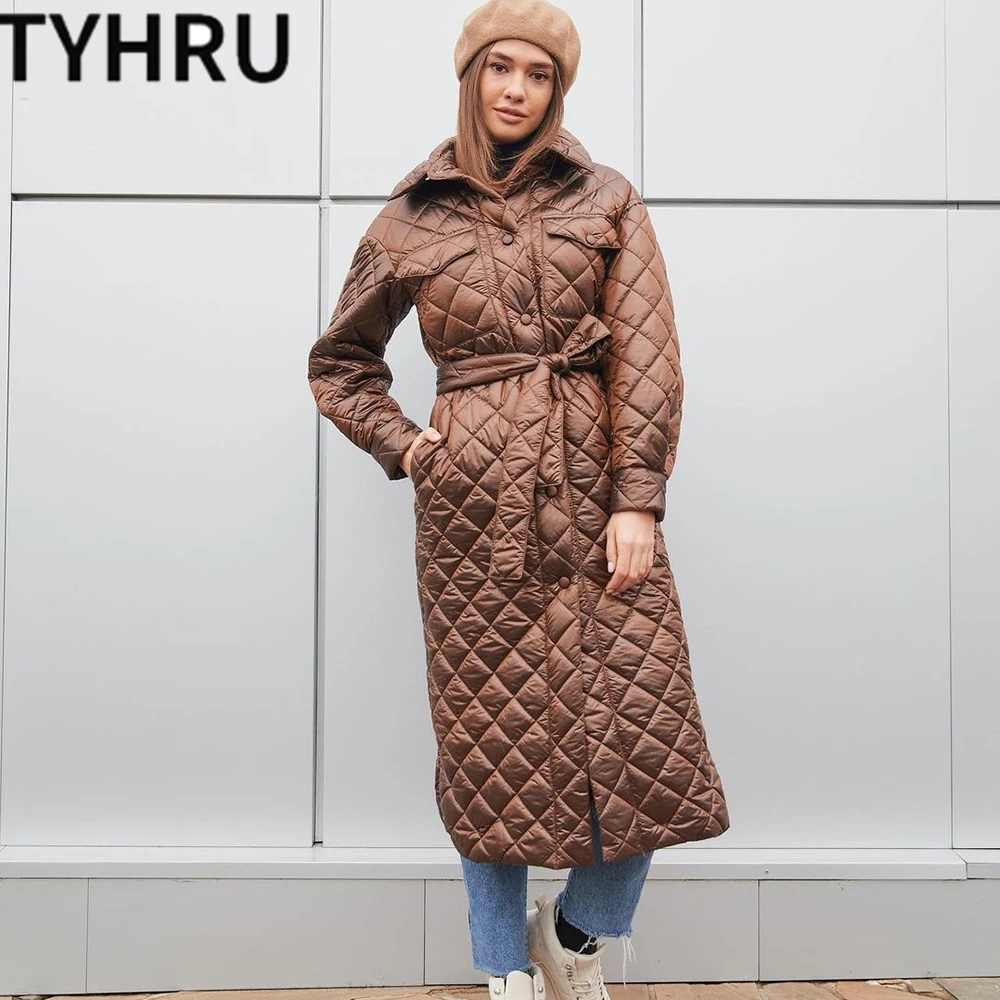 

Женская теплая куртка TYHRU, стильная Длинная зимняя куртка с ромбовидным поясом, стильная свободная хлопковая верхняя одежда с карманами и о...