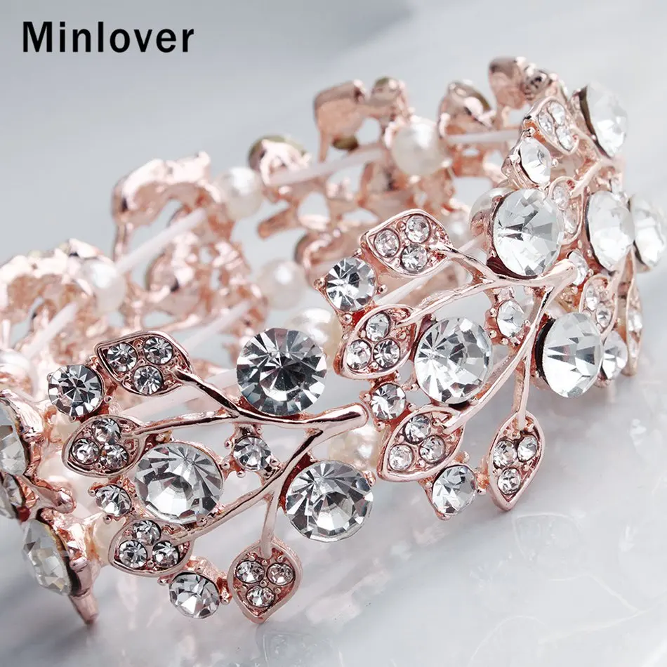 Minlover розовое золото цвет листья горный хрусталь невесты браслеты для женщин очаровательные свадебные браслеты модные новые ювелирные изделия MSL108
