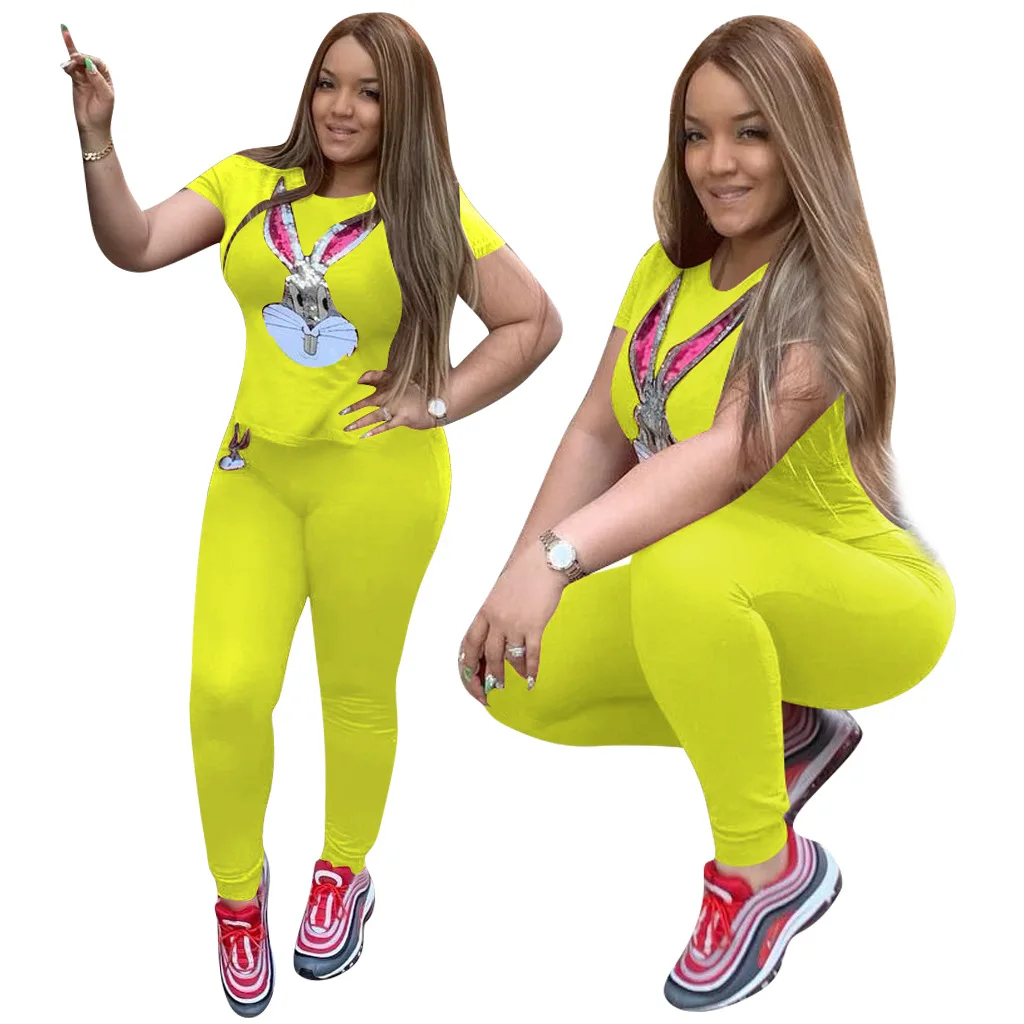 

444180 Autumn Winter Women Casual Fashion Cartoon Sequins Print Sports Two Piece Set Top and Pants Tracksuit Sweatsuit Outfits