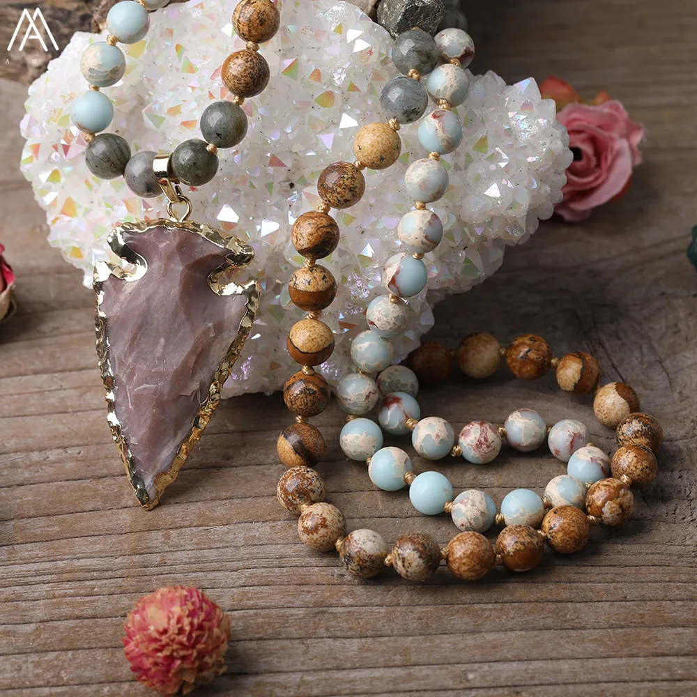 

Natural India Agates Arrowhead Pendant 8mm Pictures Jaspers Sea Sediment Jaspers Round Beads Cord Knot Mala Necklace Handmade