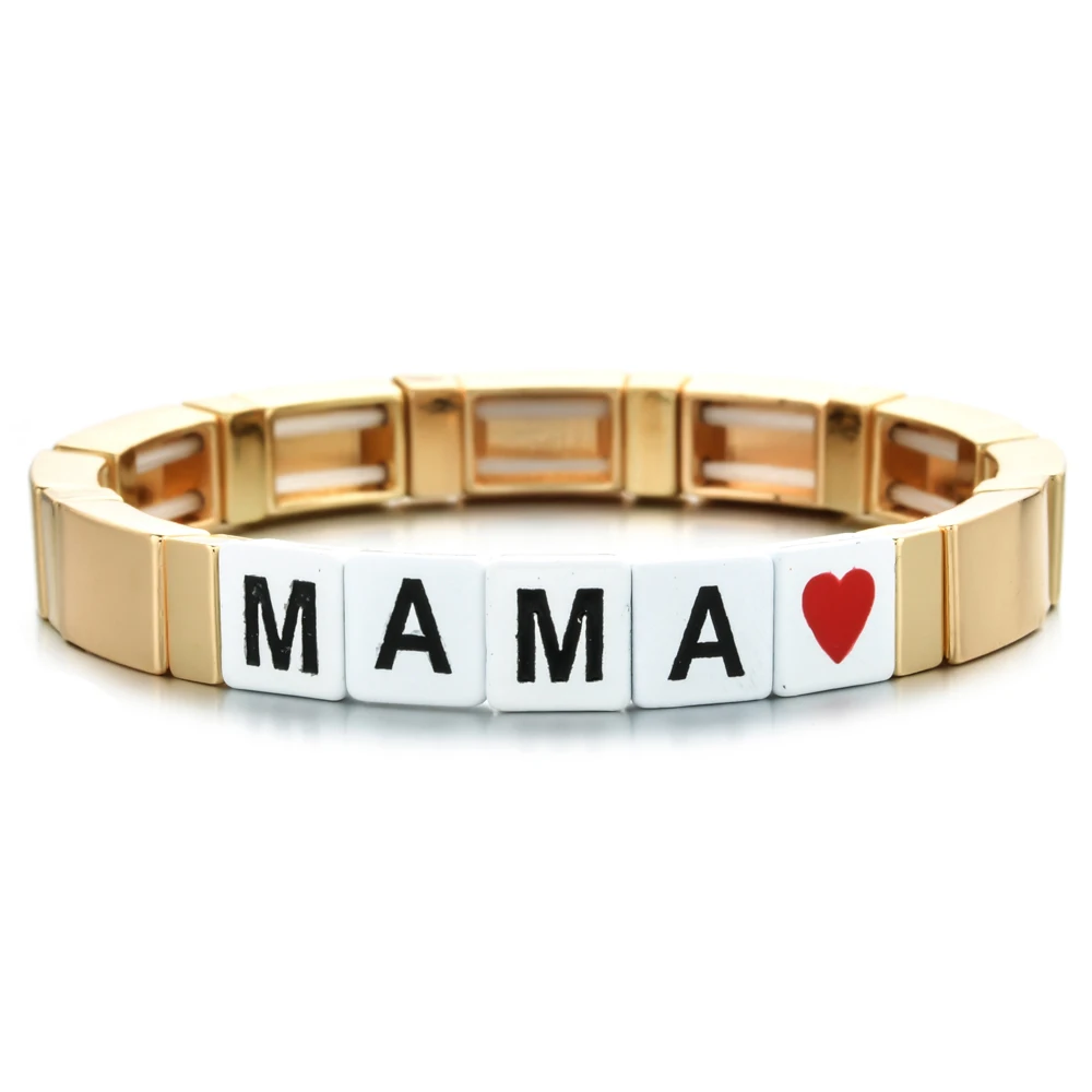 

New Fashion Gold Color Enamel Tile Mama Elasticity Bracelet Gold Mom Bracelet Mothers Day Gift New Mama Handmade Gifts