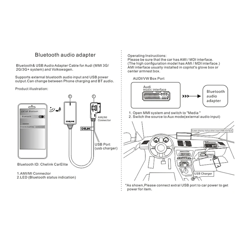 

AMI MMI MDI Wireless Aux Bluetooth Adapter Cable Audio Music Auto Bluetooth for A3 A4 B8 B6 Q5 A5 A7 R7 S5 Q7 A6L A8L A4L