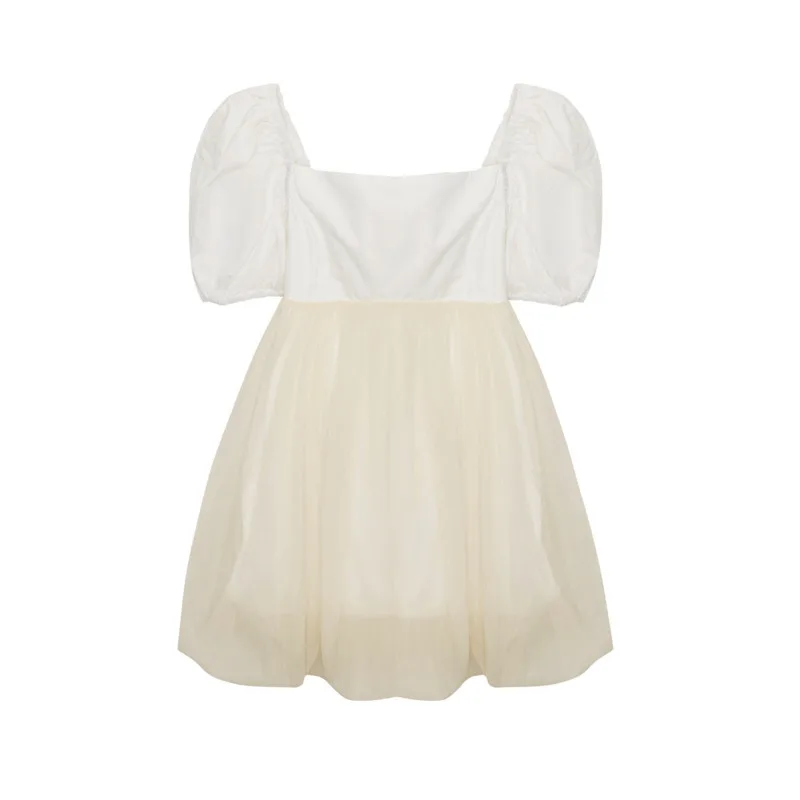 

Y Demo Sweet Women Dress Square Collar Puff Sleeve High Waist Ruched Backless Solid Color Dresses Female Fashion Clothing