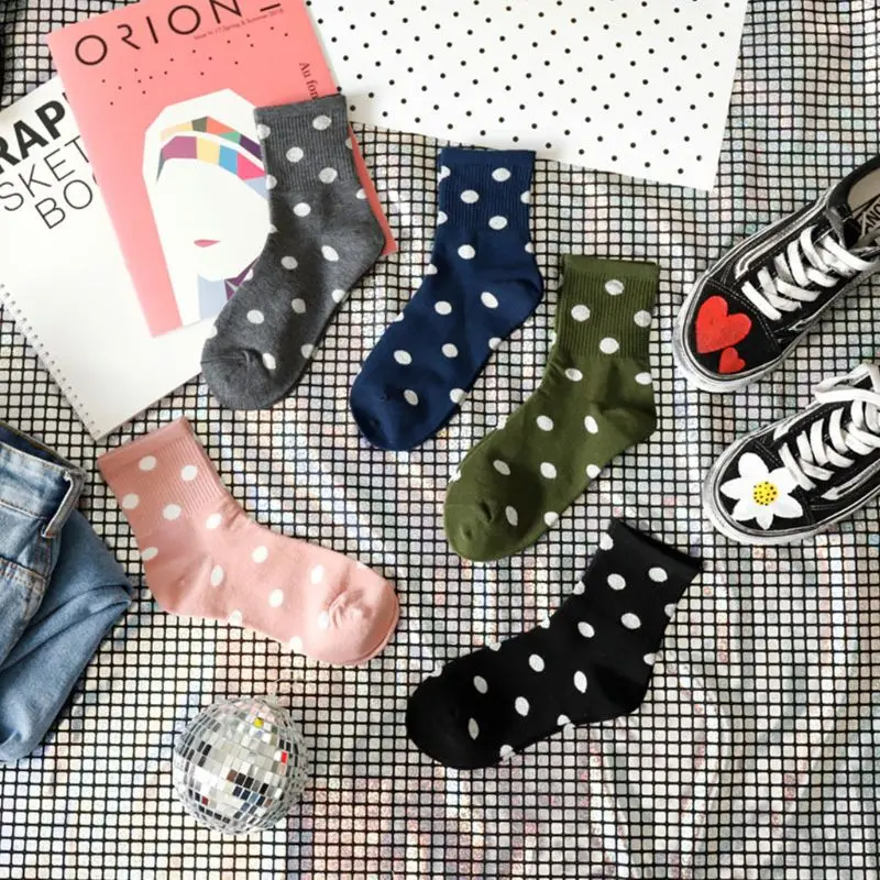 

5 Pairs Korean Women Sweet Polka Dot Cotton Crew Socks Preppy Mid Tube Hosiery