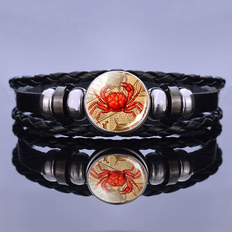 

Unique Design Crab Photo Bracelet Handmade Black Leather Bracelets for Women Pulseras Cabochon Glass Beaded Jewelry Wholesale
