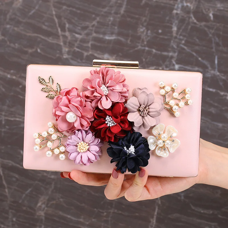 

Handmade Flower Clutch Women Bride Wedding Purse Pink Square Pearl Designer Evening Bag Banquet Dress Handbag PU Shoulder Bag
