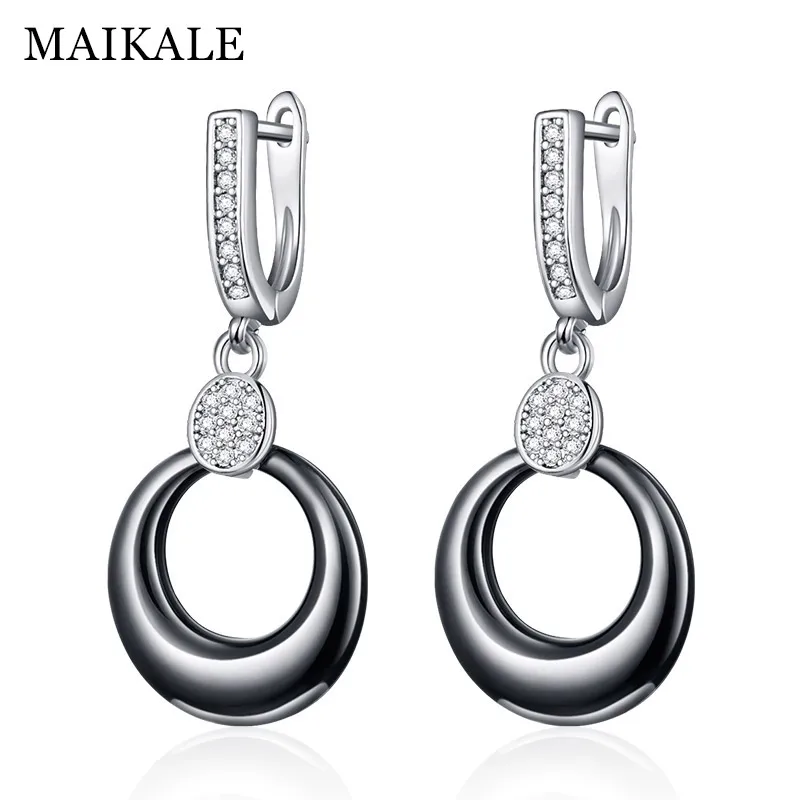 silver black MAIKALE, Простые Модные круглые висячие серьги, медь AAA, кубический цирконий, черные, белые, керамические, золотые, серебряные, цветные серьги для женщин - Окраска металла: silver black