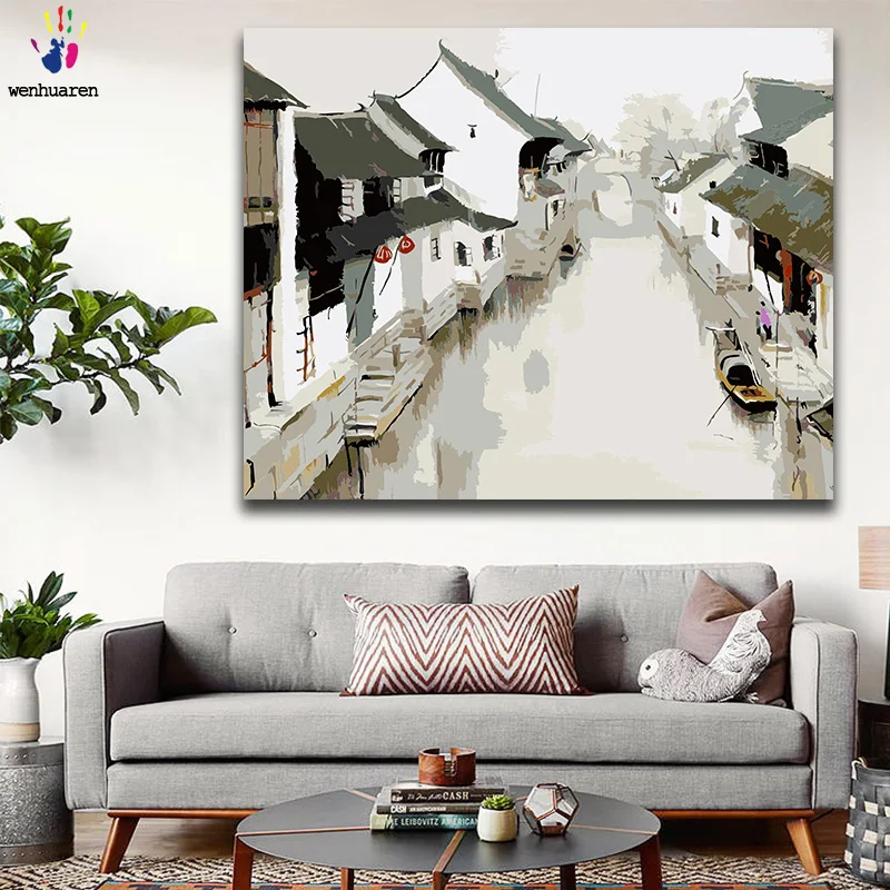 DIY картинки для раскраски по номерам с цветами цзяньнань водный город китайский