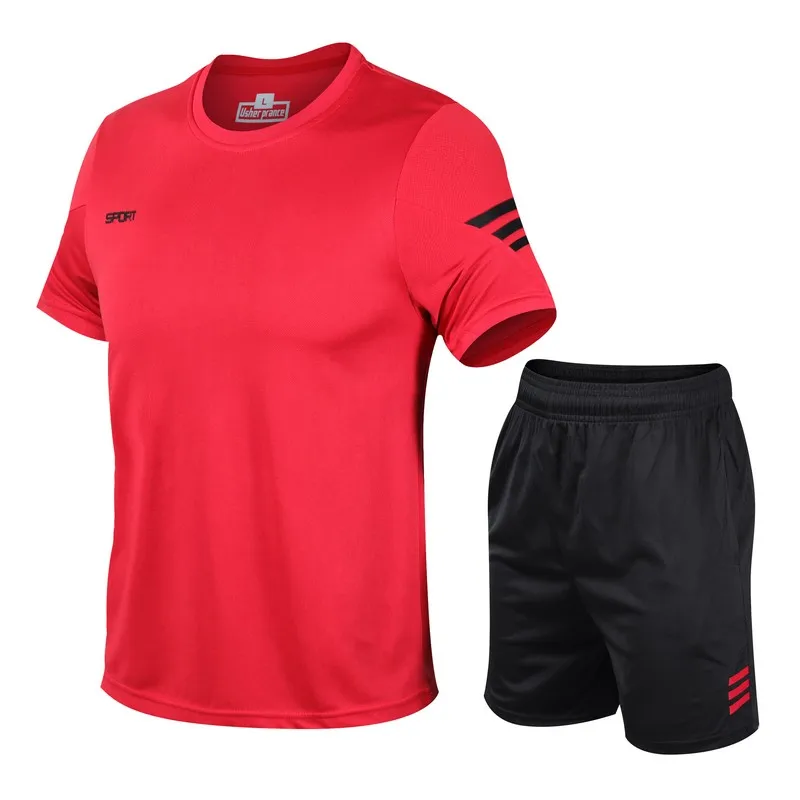 

2021 Summer Men's Brand Sports And Leisure Short-Sleeved Men's Running 2-Piece Football Gym Fitness Men's T-Shirt + Shorts Suit