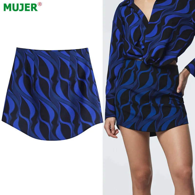 

Женская мини-юбка с высокой талией Za, голубая винтажная короткая юбка с принтом, Y2K, 2021