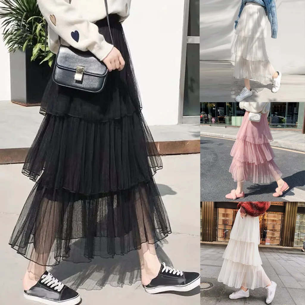 Women's Skirt Skirts faldas jupe femme saia harajuku falda Womens Solid Mesh Fold A-Line Casual Cake Ruffles Pleated | Женская