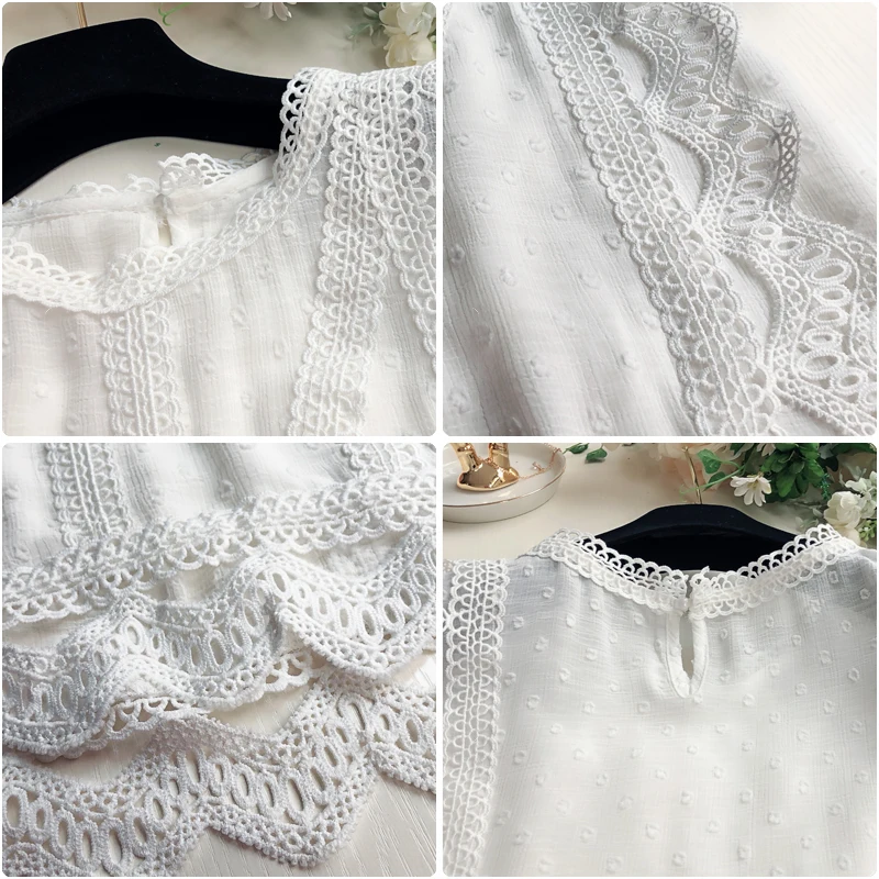 Женская шифоновая блузка без рукавов белая кружевная со стандартным воротником