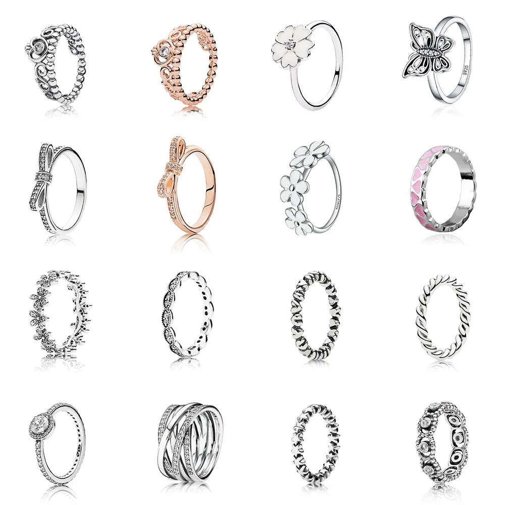 

925 Sterling Silver Ring Charms Diy Princess Crown Diy Rose Gold Butterfly Snowflake Finger Ring For Women Gift Fashion Jewelry
