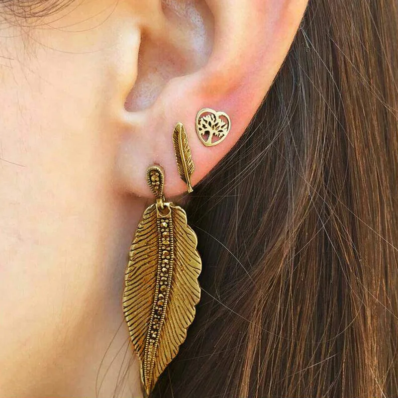 3 шт. ретро древние золотые Висячие серьги для женщин с изображением дерева