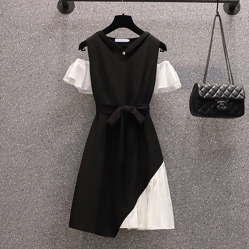 

4XL size women elegant sexy black dress Summer 2022 short sleeve v neck off shoulder Patchwork dresses short women