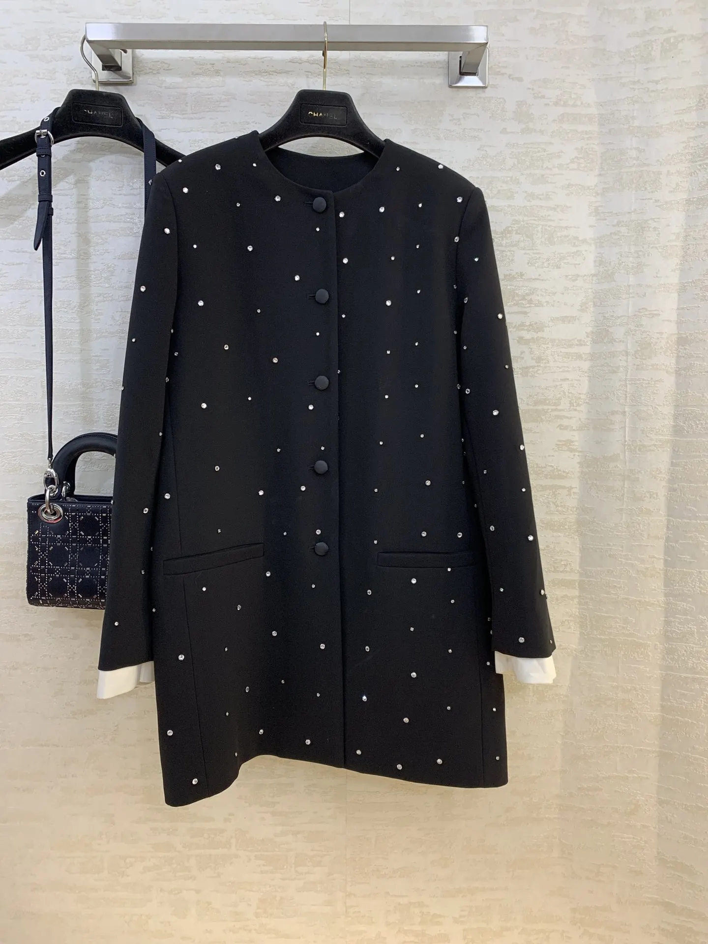 

high 2021 new ladies quality fashion long sleeve round neck diamond mid-length coat 0112