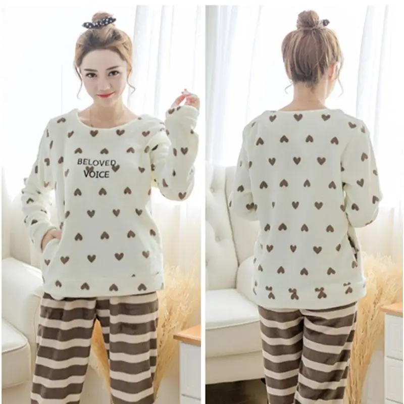 Осенне зимние женские утепленные фланелевые пижамные комплекты пижама с