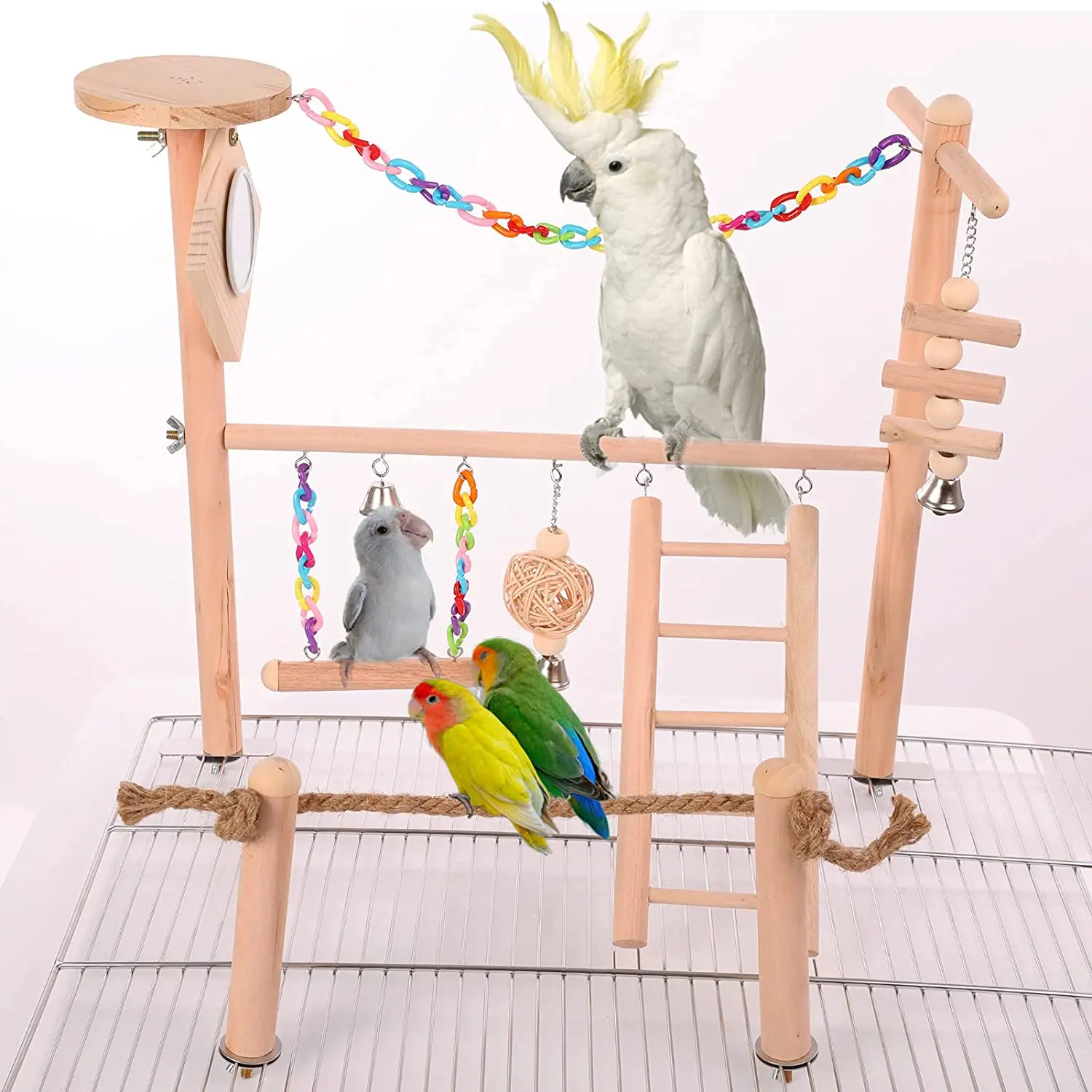 

Bird Cage Play Stand Toy Set, Bird Playground Gym Hanging Chewing Toys Ladder Swing Accessories for Conure, Parakeets, Budgie