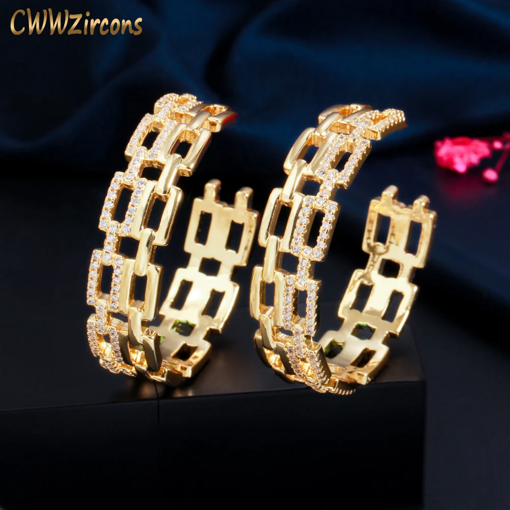 

CWWZircons Trendy Cubic Zirconia Paved Yellow Gold Color Cuban Link Shape Round Big Hoop Earring for Women Hip Hop Jewelry CZ848