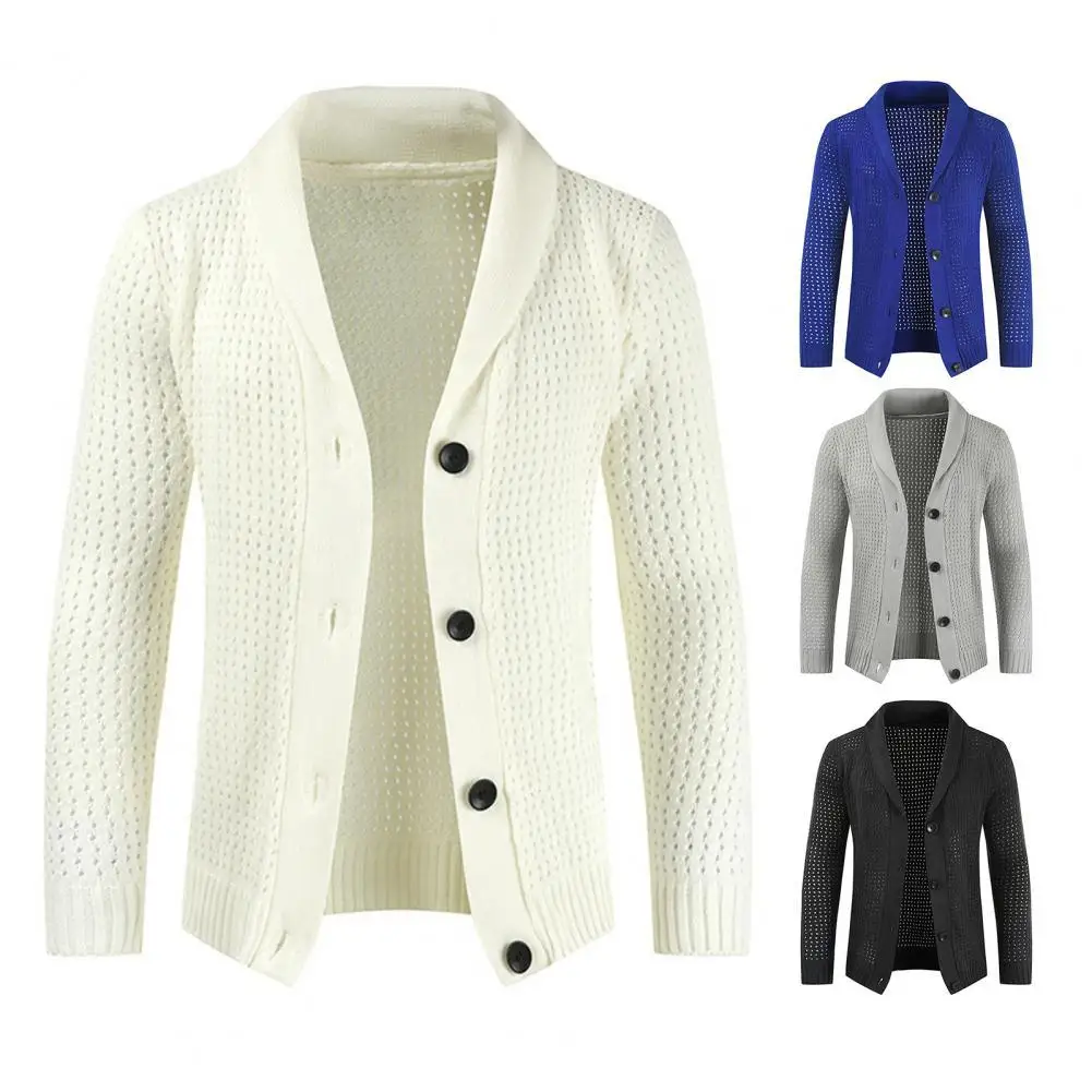 

Casual Autumn Long Sleeve Solid Men Knit Sweater Cardigan Solid Color Turn-down Collar Single-breasted Winter Coat for Work