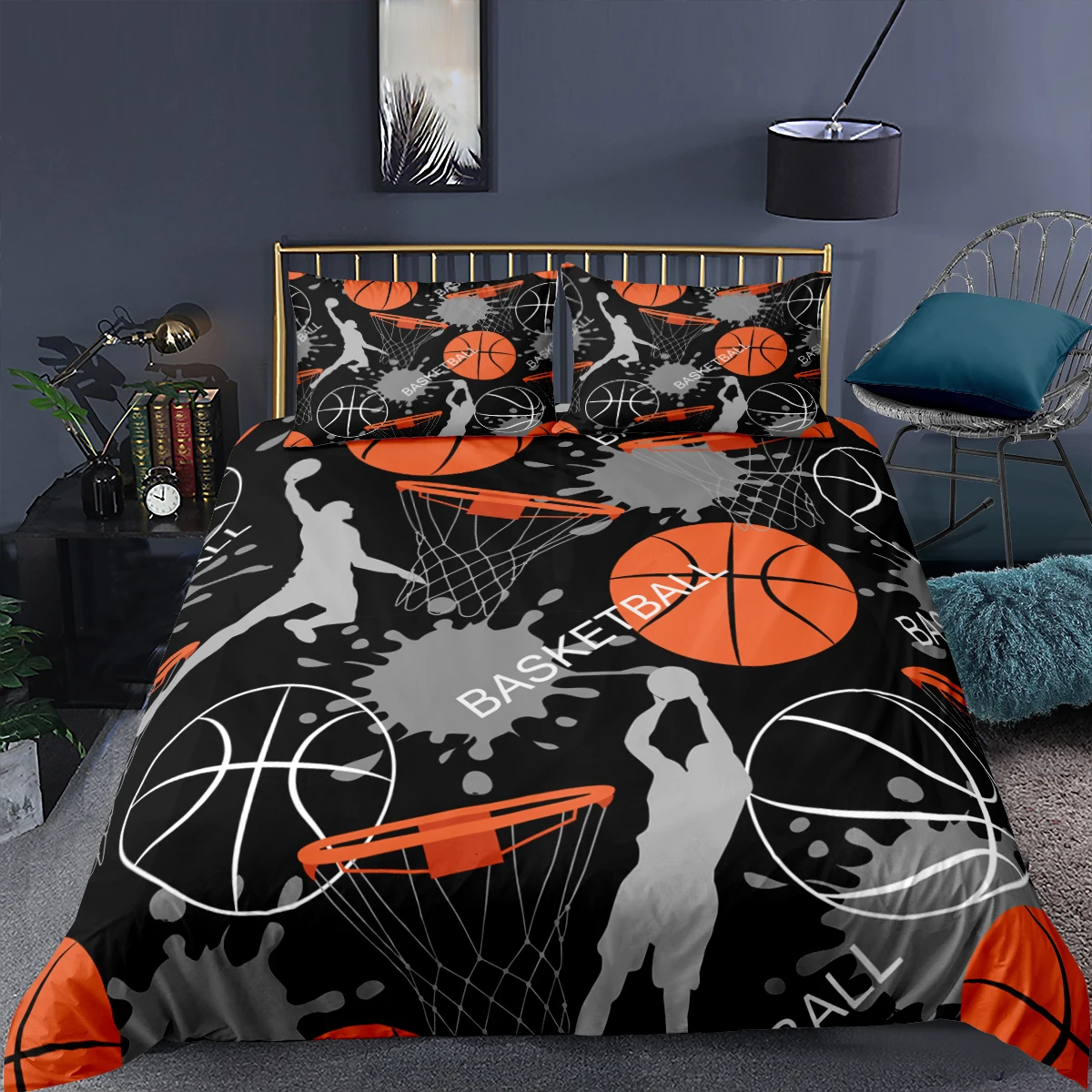 

Cartoon Playing Basketball Duvet Cover Cool Printing Shot Bedding Set And Pillowcase 2/3pc Black Bed Cover Set