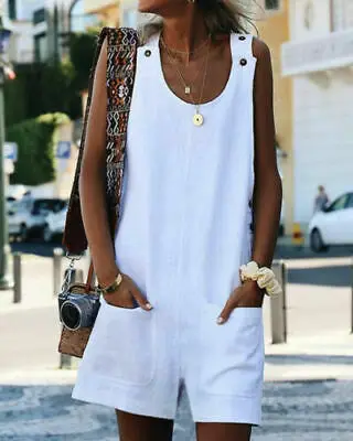 

Summer Womens Loose Linen BIB Pants Overalls Straps Jumpsuit Rompers Trousers