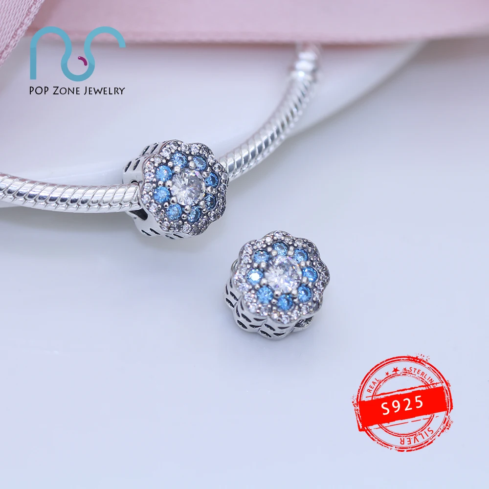

Fit Original Pandora Charm Bracelets Blue Sparkle Flower Charm Petal Hollow Heart 925 Sterling Silver Fine Beads DIY New Jewelry