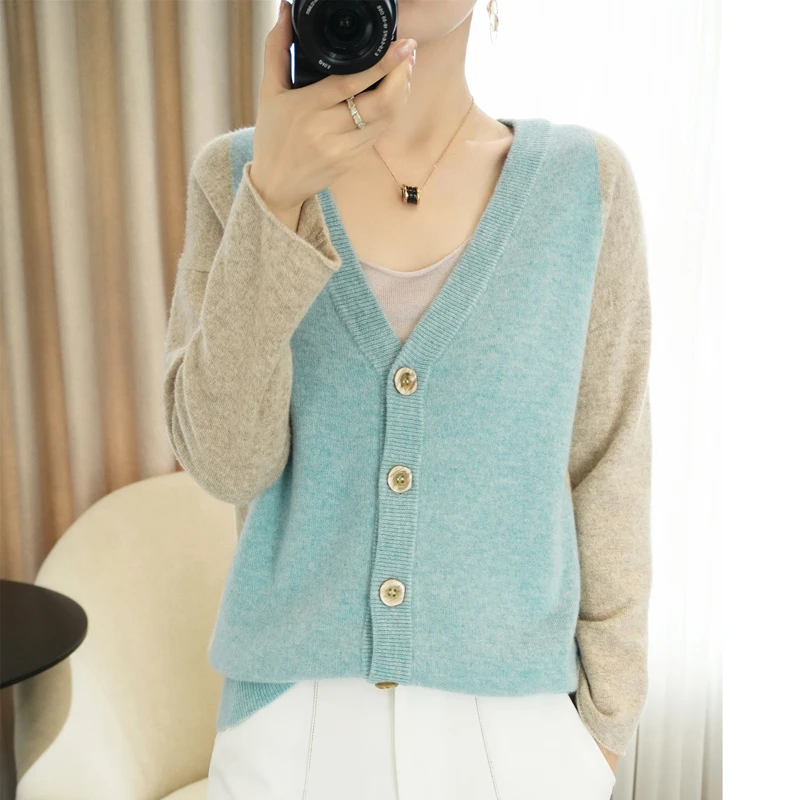 

2021 Spring Autumn New 100%Pure Wool Cardigan Women' V-Neck Short Cashmere Sweater Loose Color Matching Long-Sleeved Blouse Coat