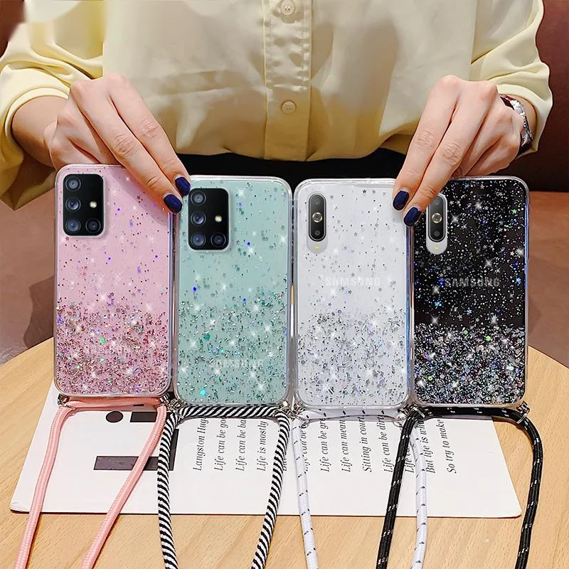 

With Neck Strap Rope Cord Clear Glitter Case For Samsung A52 5G A72 S20 FE A51 A50 A71 A70 S20 Ultra S10 S9 Samsung S21 Case
