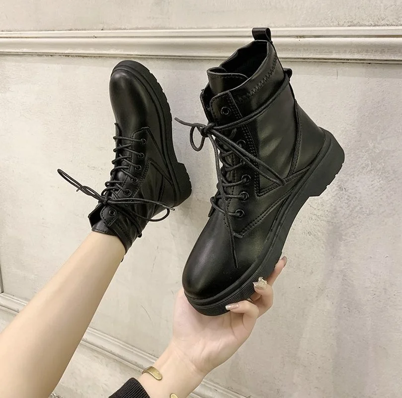 

Winter Shoes Women Mid Calf Boots Woman British Style Boots Lace Up Autumn PU Leather Warm Shoes Women's Thick Bottom Plus