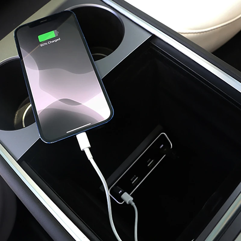 

4 In 1 USB Hub Multiport Adapter, for Tesla Model3 Y Center Console HUB with Dual DATA Ports PD Fast Charge