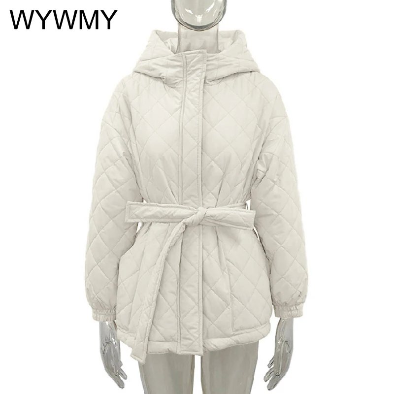 WYWMY Winter Jacket Women Hooded Parka Fashion Solid Thick Warm Short Coat Women Elegant Tie Belt Cotton Jackets Female Clothing