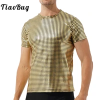 mens metallic shiny leather t shirt dance top shirt short sleeve blouse clubwear casual slim fit solid color tops