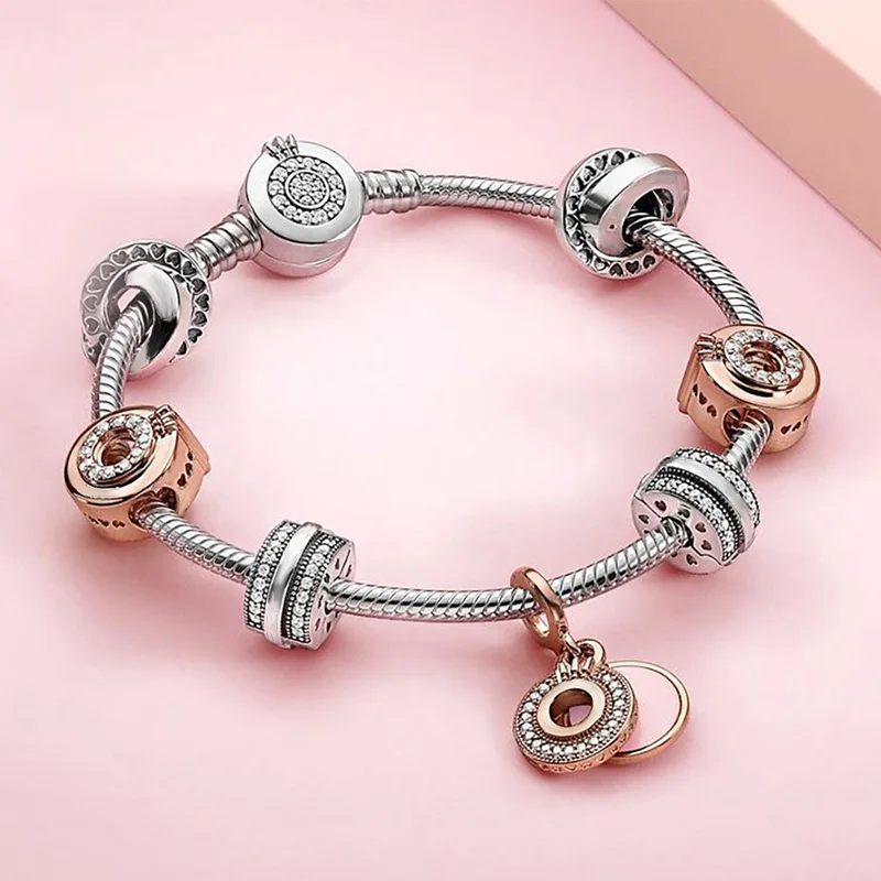

Autumn 2020 Signature Splash Rose Sparkling Logo & Crown O Dangle Charm Diy Bracelet Original 1:1 Suitable For Women's Jewelry