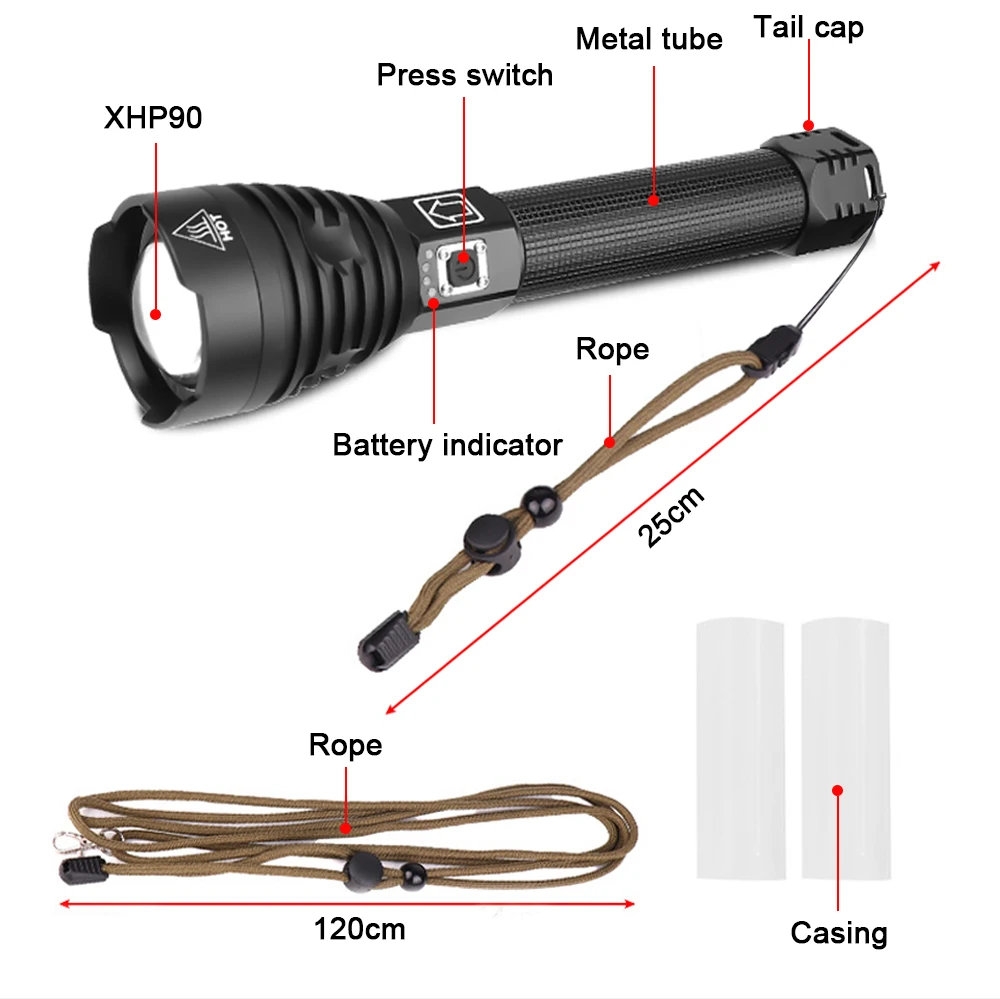 Фото Супер яркий XLamp XHP90 самый мощный Usb масштабируемый светодиодный фонарик светильник HP70/50 Охотничий Тактический светильник фонарь 26650 18650 №2