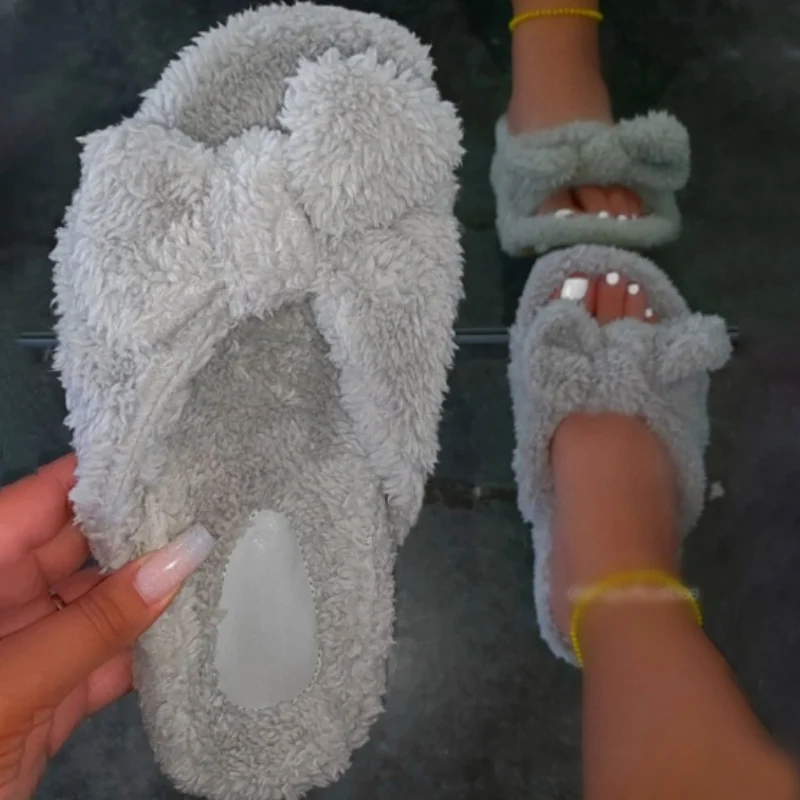 Женские плюшевые тапочки Зимние домашние Женская обувь с открытым носком Мягкие
