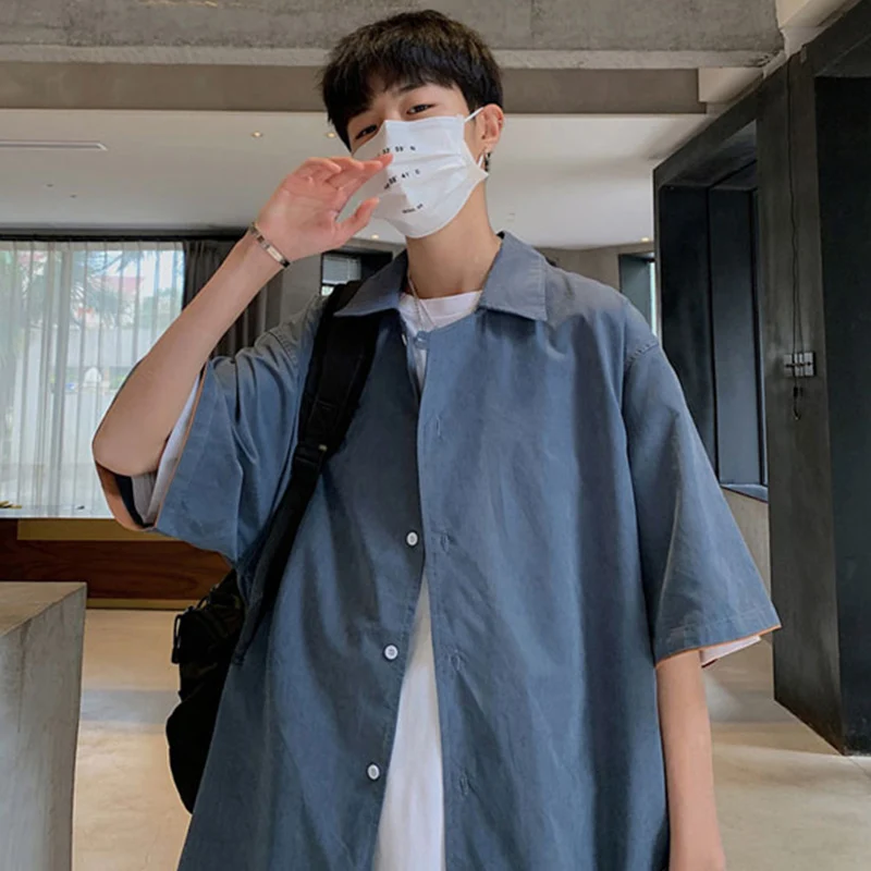 

Plus Size M-5XL Safari Style Shirts Men Short Sleeve Hong Kong Style Vintage Street Chic Handsome Collage Couples Button Up Tops