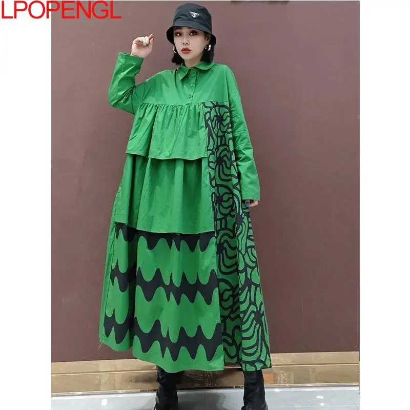 

Women Green Pattern Ruffles Oversized Shirt Dress Lapel Long Sleeve Loose Fit Tide Spring Patchwork Draped Tide Fashion Dress