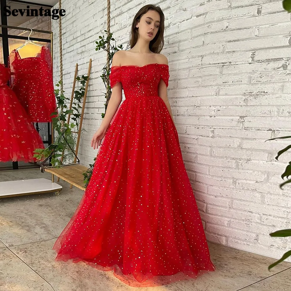 

Sevintage Red Starry Tulle Long Prom Gowns A Line Off The Shoulder Pleats Evening Dresses Floor Length Formal Prom Party Dress