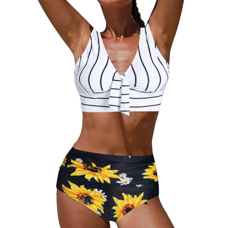

WEPBEL Summer Women's Striped Sexy Tank Top + High Waist Sunflower Print Briefs Bikini Two Piece Set Swimwear Swimsuit Beachwear