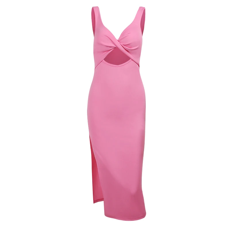 

WannaThis Womens Dress Summer Twist Party Dress Sleeveless V-Neck Hollow Out Sexy Long Dress Women Side Split Elegant Dress 2021