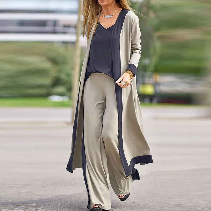 

Women Solid Casual Loose Three Piece Set Long Sleeve Cardigan+Tops+Wide Leg Pants Suit Femme V Neck Home Suit 3 Piece Set Clothe